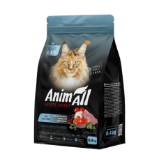 AnimAll сухий корм для дорослих котів з лососем, білою рибою та свіжою індичкою 0,4 кг