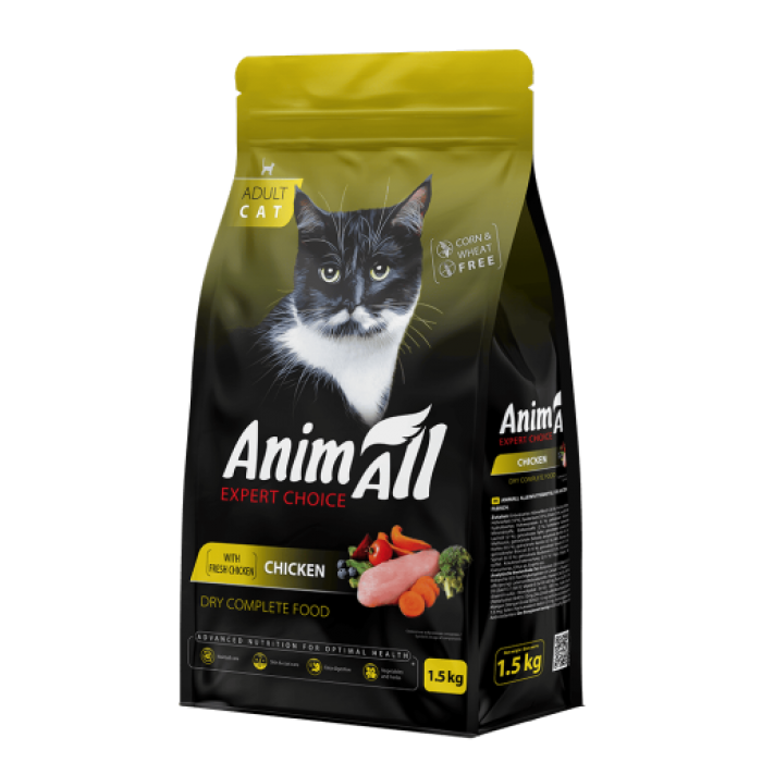 AnimAll сухий корм для дорослих котів зі свіжою куркою 1,5 кг