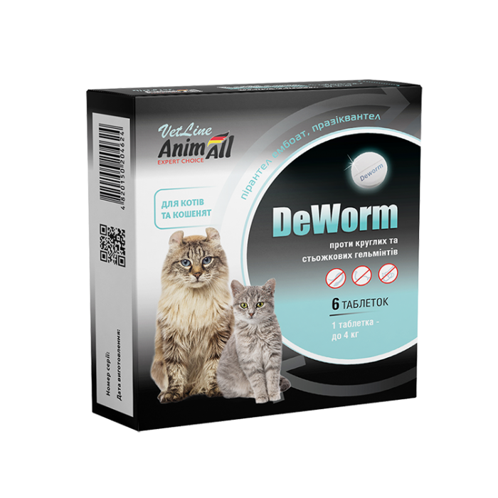 AnimAll VetLine DeWorm антигельмінтний препарат для котів та кошенят (0,5 г × 6 табл.)