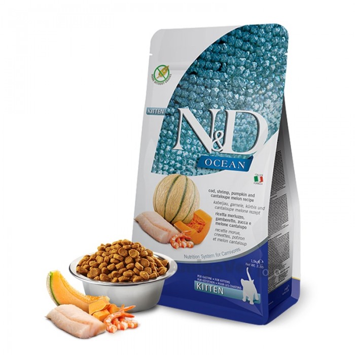 Farmina N&D Grain Free Ocean Kitten Cod, Shrimp, Pumpkin & Melon сухий корм для кошенят з тріскою та динею 5 кг