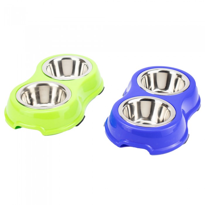 AGILITY ECO подвійна металева миска на підставці для собак середніх порід (зелена/синя) 2x750 мл
