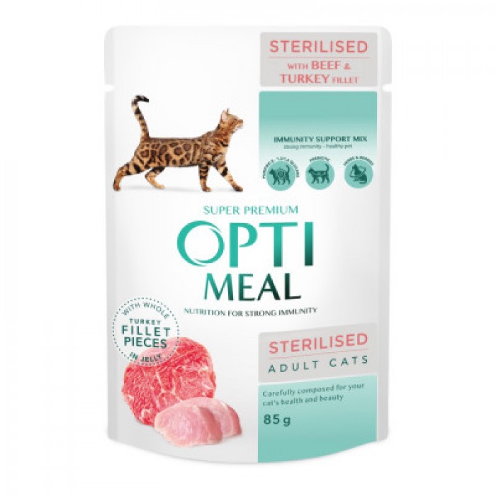 Optimeal Adult Cats Sterilised вологий корм з яловичиною та індичкою у желе 85 г