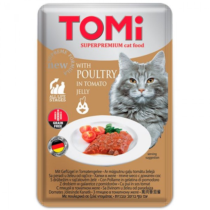 TOMI POULTRY IN TOMATO JELLY вологий корм для котів з птицею в томатному желе 100 г