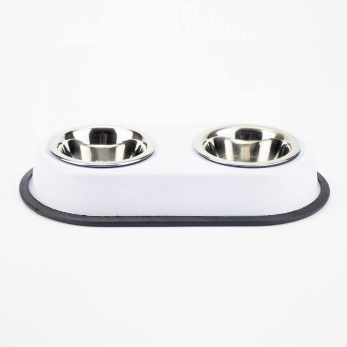 AGILITY подвійна металева миска на підставці для котів та собак (біла) 2x200 мл