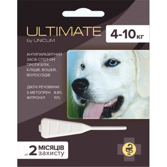 Unicum ULTIMATE краплі від бліх, кліщів, вошей та власоїдів для собак 4-10 кг. (0,8 мл)