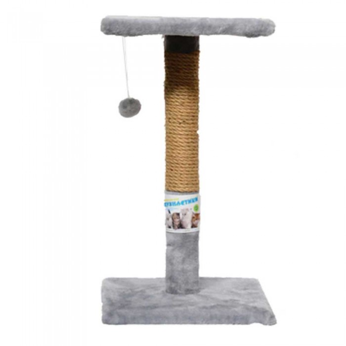Пухнастики кігтеточка для котів стовпчик з полицею (джут) сіра 30×30×50 см