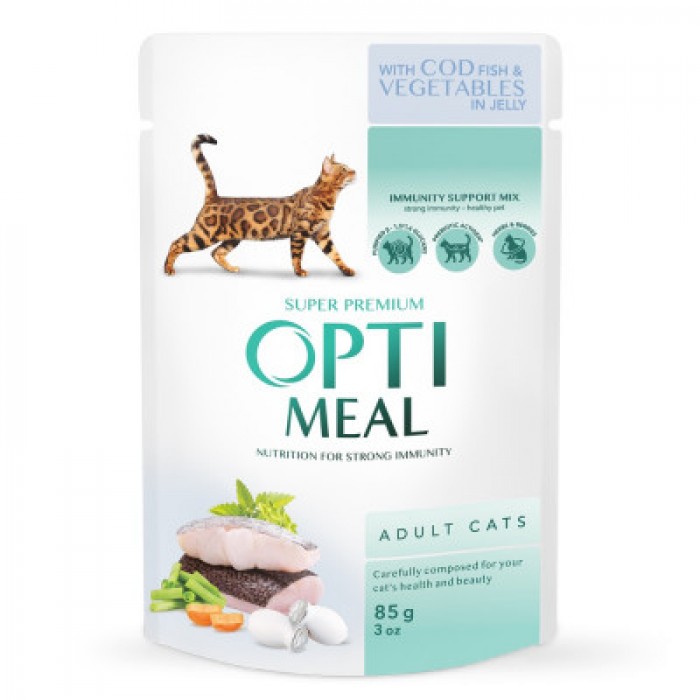 Optimeal Adult Cats вологий корм для котів з тріскою та овочами в желе 85 г