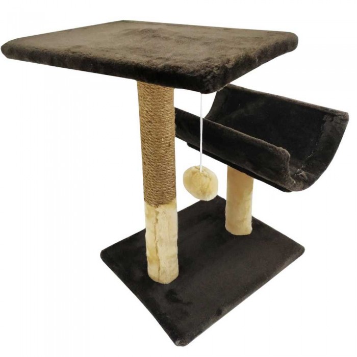 Пухнастики кігтеточка для котів з полицею і напівтунелем (джут) шоколад з бежевим 30×38×50 см