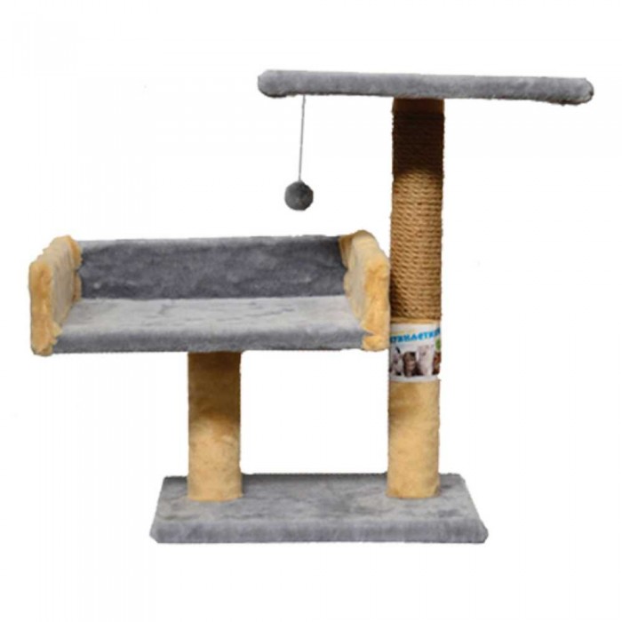 Пухнастики кігтеточка для котів з диваном і полицею (джут) сіра з бежевим 30×38×50 см
