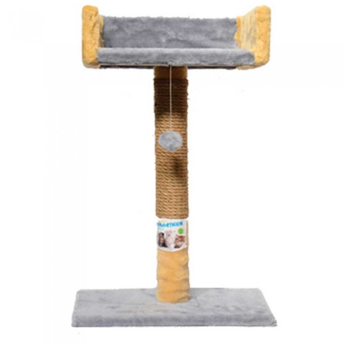 Пухнастики кігтеточка для котів стовпчик з диваном (джут) сіра з бежевим 30×33×50 см