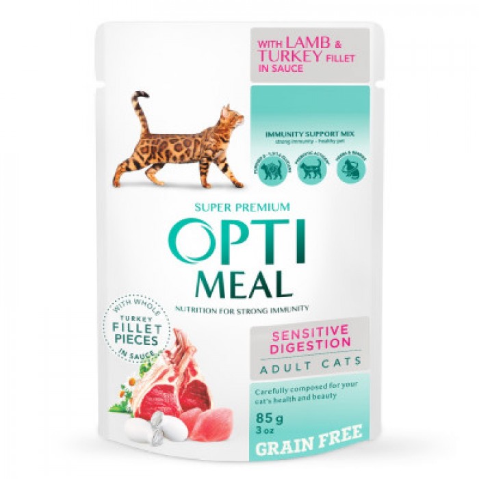 Optimeal Adult Cats Sensitive Digestion вологий корм з ягням та індичкою 85 г
