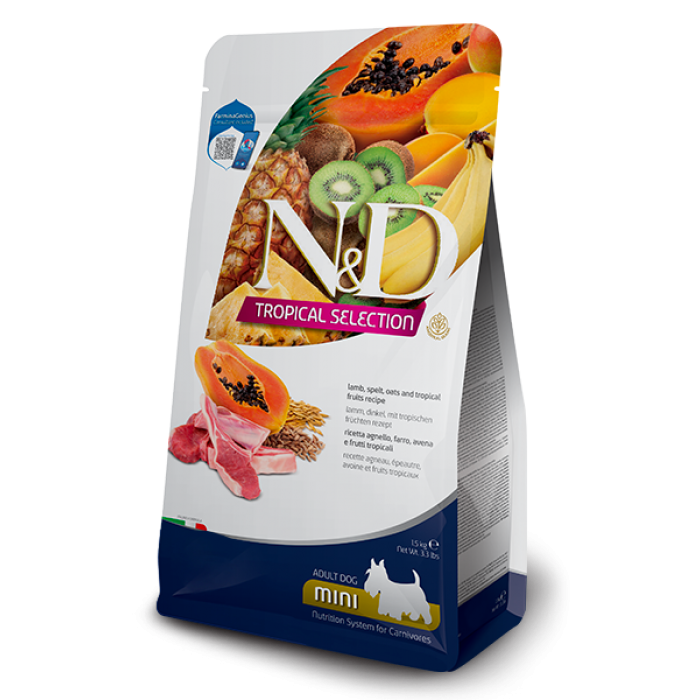 Farmina N&D Tropical Selection Dog Adult Mini Lamb, Spelt, Oats & Fruits для малих порід з ягням, спельтою, вівсом і тропічними фруктами 1,5 кг
